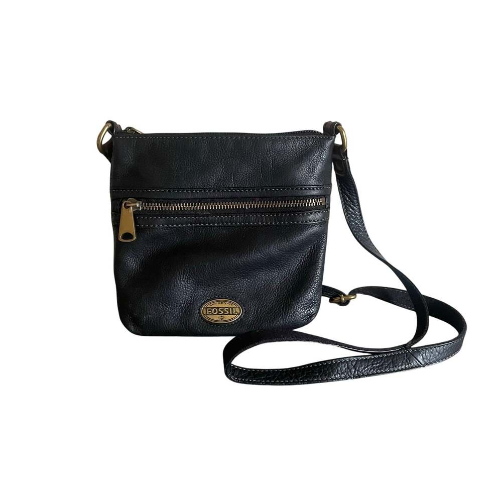 Fossil Black Pebbled Leather Crossbody Messenger Bag Brass Hardware Y2K